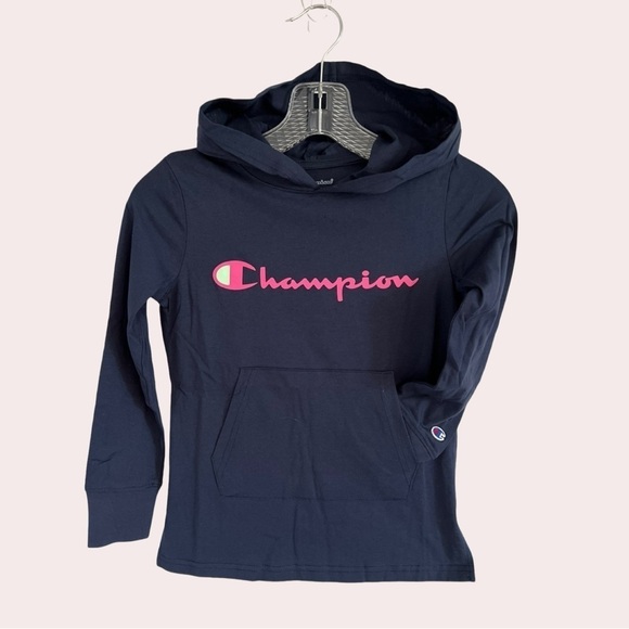 New With Tags - Champion Navy with Pink Champion decal Hooded Shirt. Siz… - Picture 1 of 3